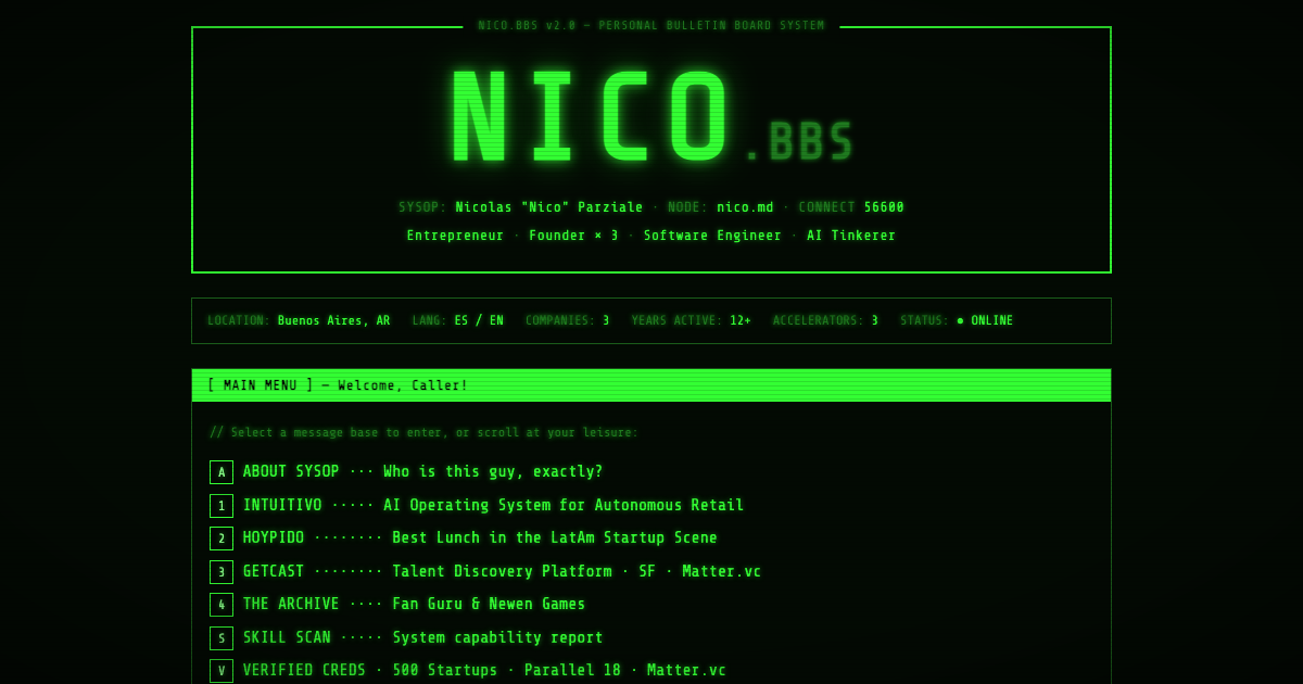 Screenshot of NICO.BBS — Serial Founder Online