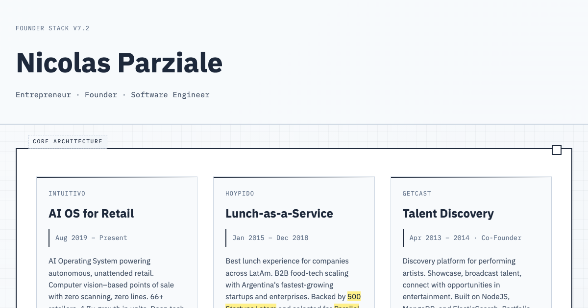 Screenshot of Nico Parziale — Founder Stack